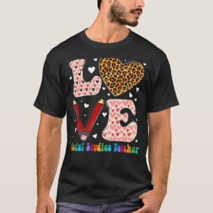 Love Social Studies Teacher Leopard Plaid Valentin T-Shirt
