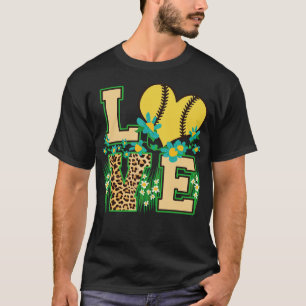 Love Softball Heart Leopard Floral Fastpitch Mum T-Shirt
