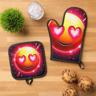 Love Sparkle Emoji Hearts Oven Mitt & Pot Holder Set