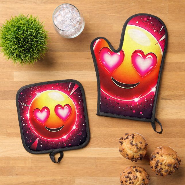 Love Sparkle Emoji Hearts Oven Mitt & Pot Holder Set (Top Down)