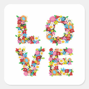LOVE Spring Flowers Whimsical Chic Valentine's Day Square Sticker