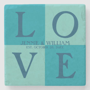 LOVE Squares Turquoise and Blue Wedding Date Stone Coaster