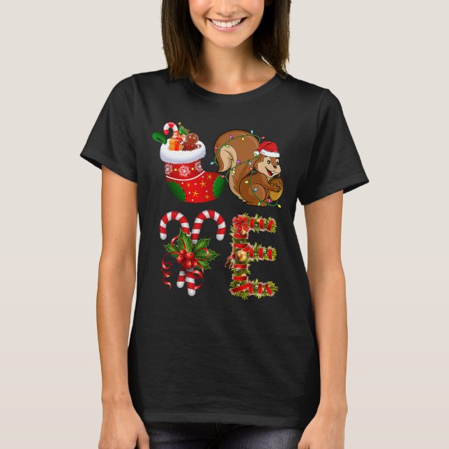 Love Squirrel Christmas Lights Led  Santa Hat Chri T-Shirt (Front)