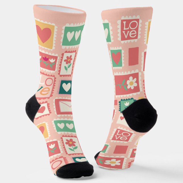 Love Stamps Pattern Crew Socks (Angled)