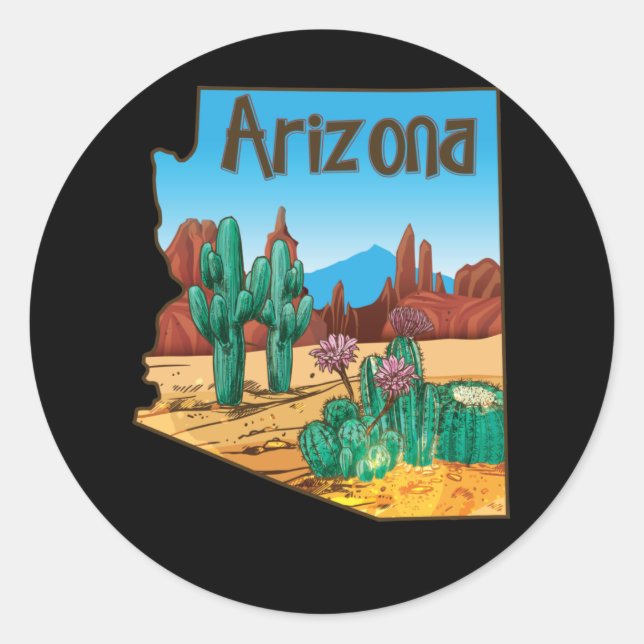 Love State Of Arizona Map Blooming Cactus Flowers Classic Round Sticker (Front)