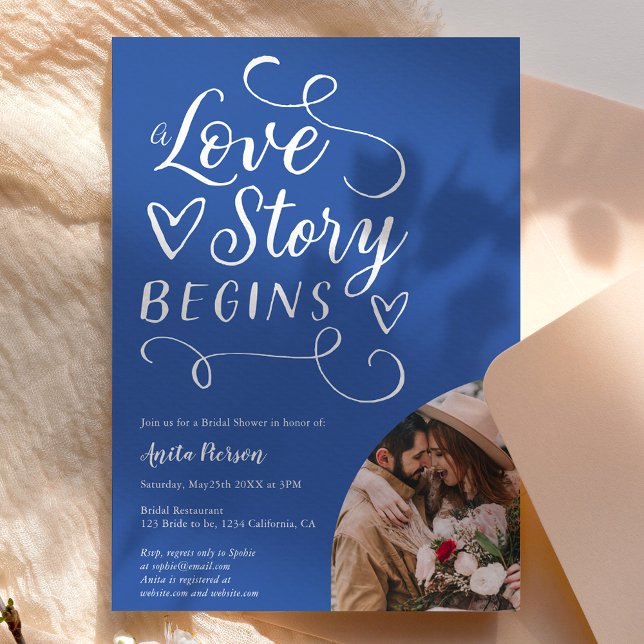 Love story blue white photo bridal shower invitation (Creator Uploaded)