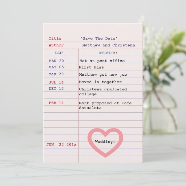 Love Story Due Date Library Card Save The Date (Standing Front)