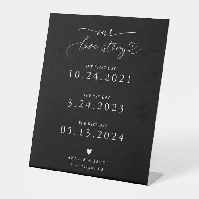 Love Story Heart Script Black Wedding Timeline Pedestal Sign (Front)
