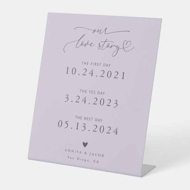 Love Story Heart Script Purple Wedding Timeline Pedestal Sign (Front)