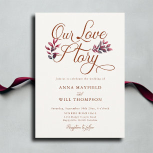 Love Story Romantic Fall Foliage Burgundy Wedding Invitation
