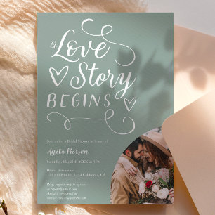 Love story sage green white photo bridal shower invitation