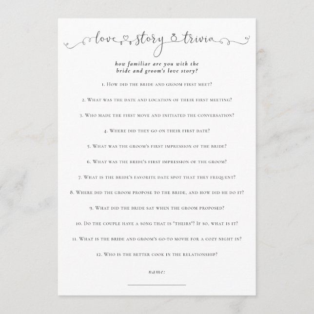 Love Story Trivia Bridal Shower White Game Card (Front)