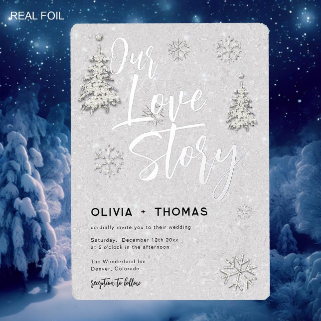 Love Story Winter Wonderland Snowflakes Wedding (winter wonderland snowflakes pine trees love story wedding invitation elegant romantic silver foil)