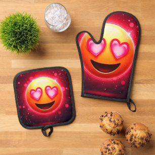 Love Struck Emoji Hearts Glow Oven Mitt & Pot Holder Set