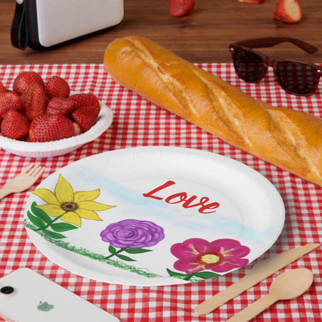 Love Summer Flowers Yellow Purple Pink Florals Paper Plate (Picnic)