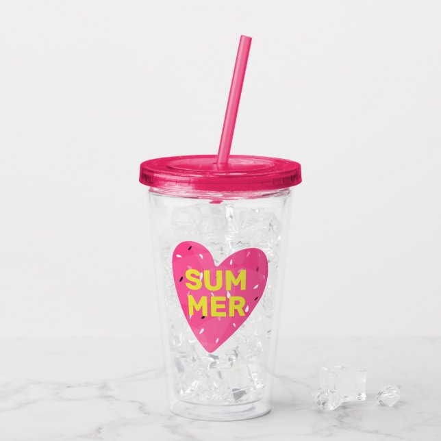Love Summer Watermelon Heart Seeds Logo Pink Acrylic Tumbler (Back Ice)