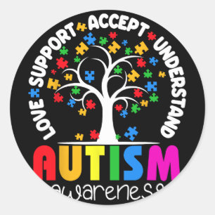 Love Support Accept Understand Puzzle Tree Autism  Classic Round Sticker