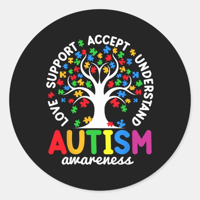 Love Support Accept Understand Puzzle Tree Autism  Classic Round Sticker (Front)