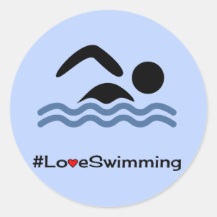 Love swimming caption blue classic round sticker