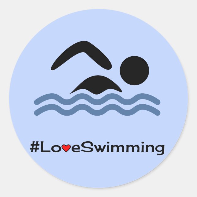 Love swimming caption blue classic round sticker (Front)