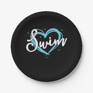 Love Swimming Swim Team  Heart Lover Blue Swimmer Paper Plate