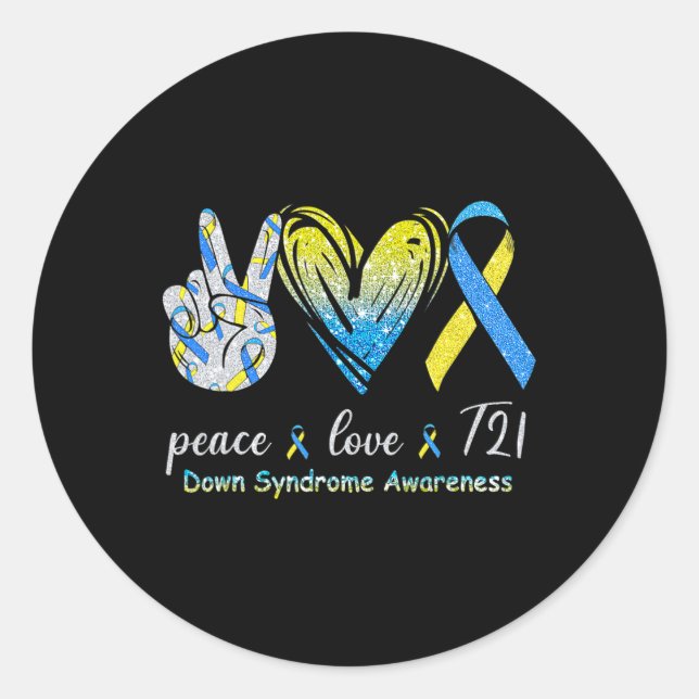 Love T21 Down Syndrome Awareness Blue Yellow Ribbo Classic Round Sticker (Front)