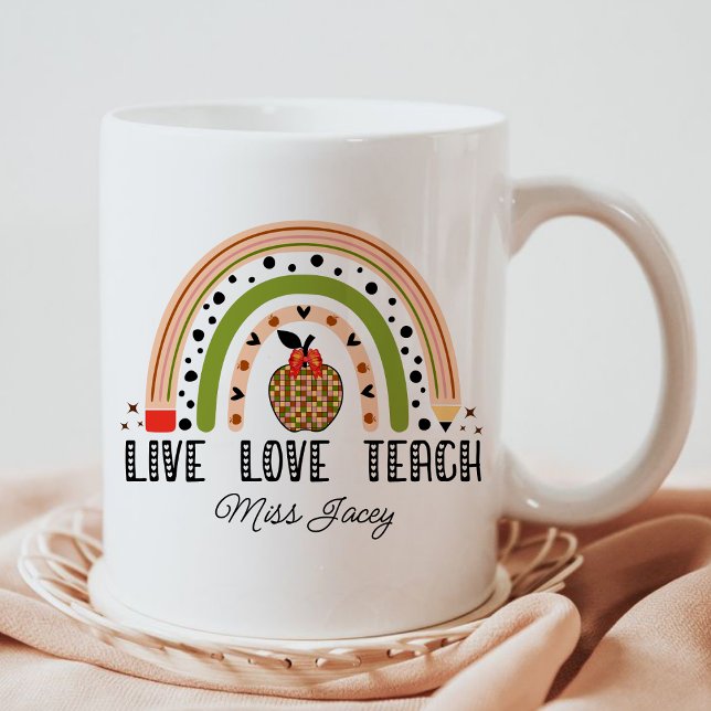 Love Teach Inspire Rainbow Teacher Appreciation Coffee Mug (LIVE LOVE TEACH RAINBOW Personalized Name Teacher mug, teacher gift, teacher appreciation gifts mug)