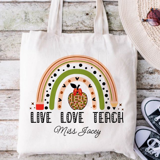 Love Teach Inspire Rainbow Teacher Appreciation Tote Bag (LIVE LOVE TEACH RAINBOW Personalized Name Teacher tote bag, teacher gift, teacher appreciation )