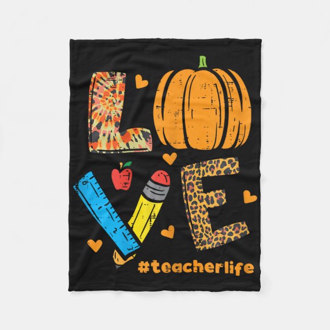 Love Teacher Pumpkin Leopard Fall Autumn Thanksgiv Fleece Blanket (Front)