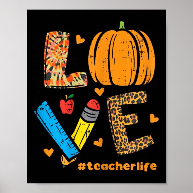 Love Teacher Pumpkin Leopard Fall Autumn Thanksgiv Poster (Front)
