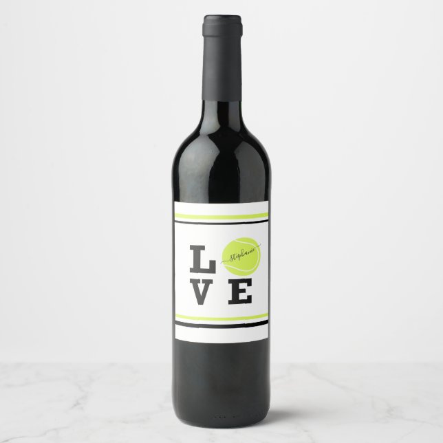 Love Tennis First Name Yellow Ball   Wine Label (Front)