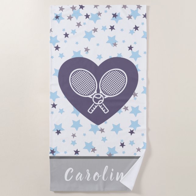 Love Tennis Sports Rackets & Ball Colourful Stars Beach Towel (Front)