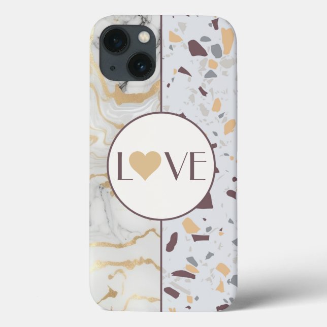 Love Terrazzo Marble iPhone Case with Gold Heart  (Back)