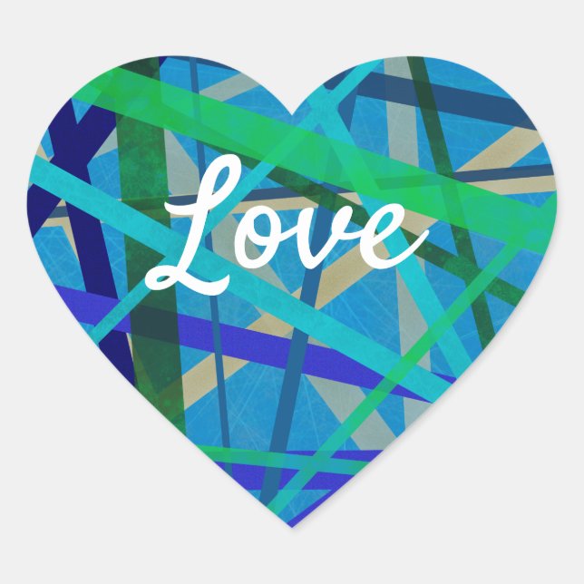 Love Text Heart Shape Blue & Green Geometric Lines Sticker (Front)