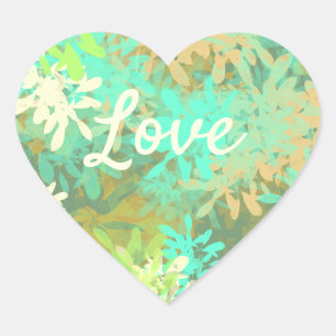 Love Text Heart Shape Green Leaf Pattern Sticker