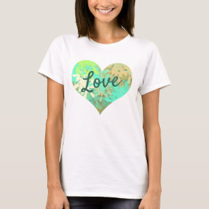 Love Text Heart Shape Green Leaves T-Shirt