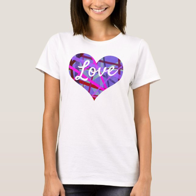 Love Text Heart Shape Pink & Purple Lines Pattern T-Shirt (Front)