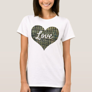 Love Text Heart Shape Yellow Blue Grid Line T-Shirt