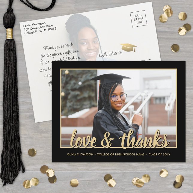 Love & Thanks 2 Photo Black and Gold Graduation Postcard (Creator Uploaded)