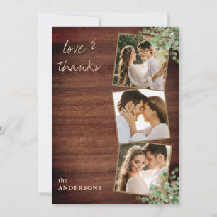 Love & Thanks 3 Photo Botanical Greenery Wedding Thank You Card