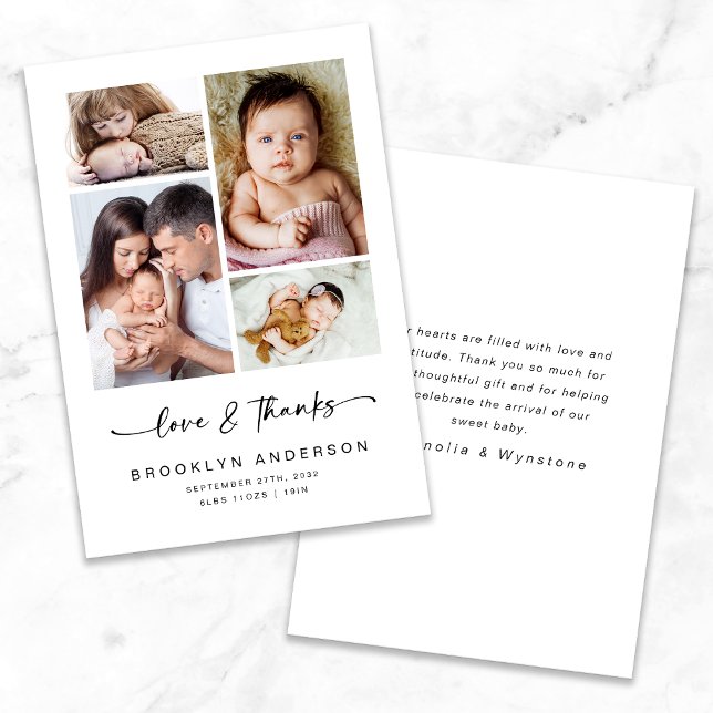 Love & Thanks | 5x7 Modern Four Photo New Baby Thank You Card (Creator Uploaded)