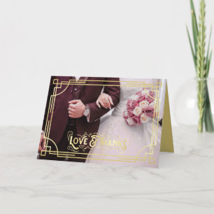 Love & Thanks Art Deco Burgundy Wedding Photo Card
