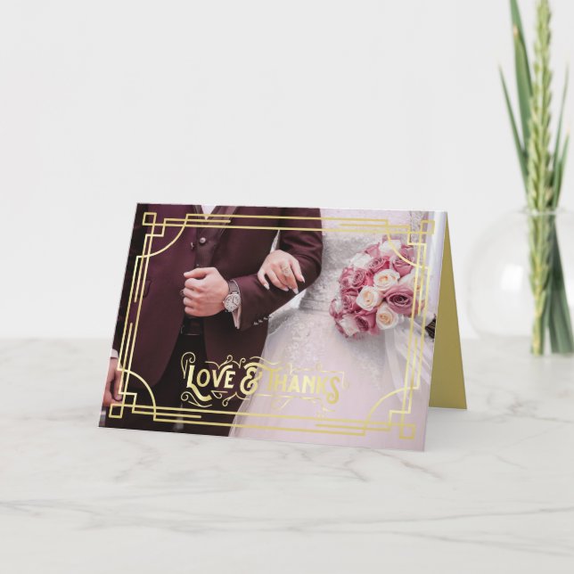 Love & Thanks Art Deco Burgundy Wedding Photo Card (Front)