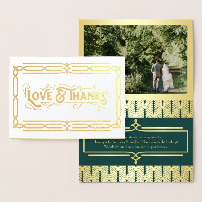 Love & Thanks Art Deco Wedding Gold Green Photo Foil Card (Display)