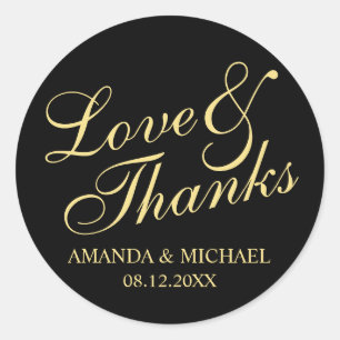 'Love & Thanks' Black & Gold Elegant Wedding Favou Classic Round Sticker
