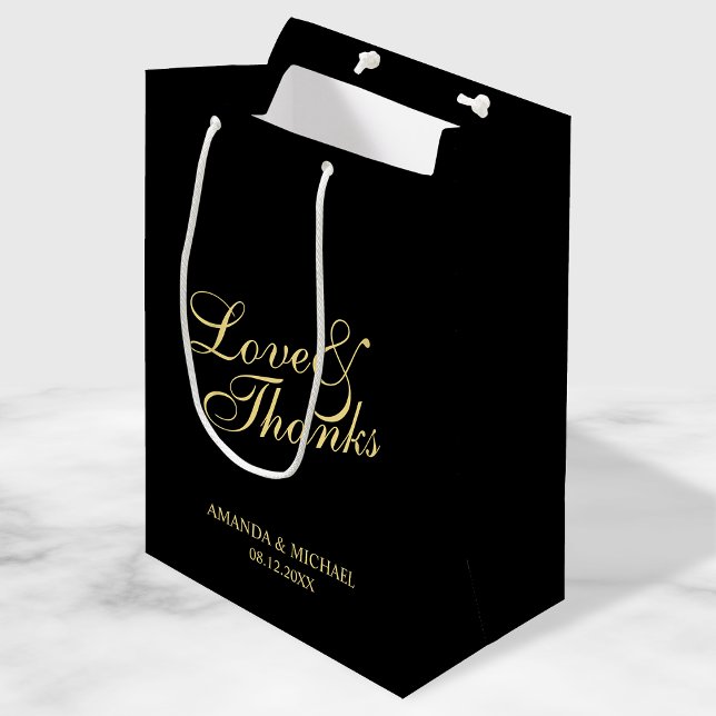 'Love & Thanks' Black & Gold Elegant Wedding Favou Medium Gift Bag (Creator Uploaded)