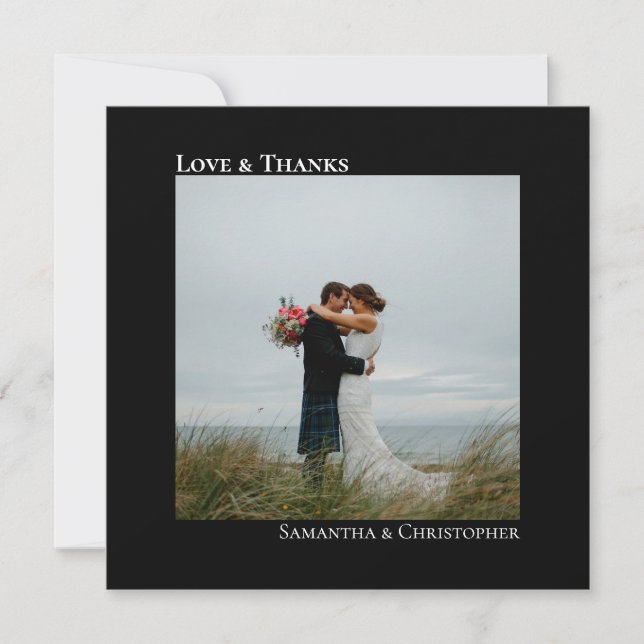 Love Thanks Black Minimal Wedding Photo Thank You Card (Front)