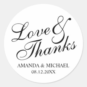 'Love & Thanks' Black & White Wedding Favour Classic Round Sticker