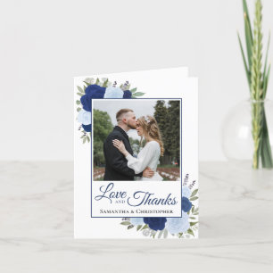 Love & Thanks Blue Boho Roses Wedding Photo  Thank You Card