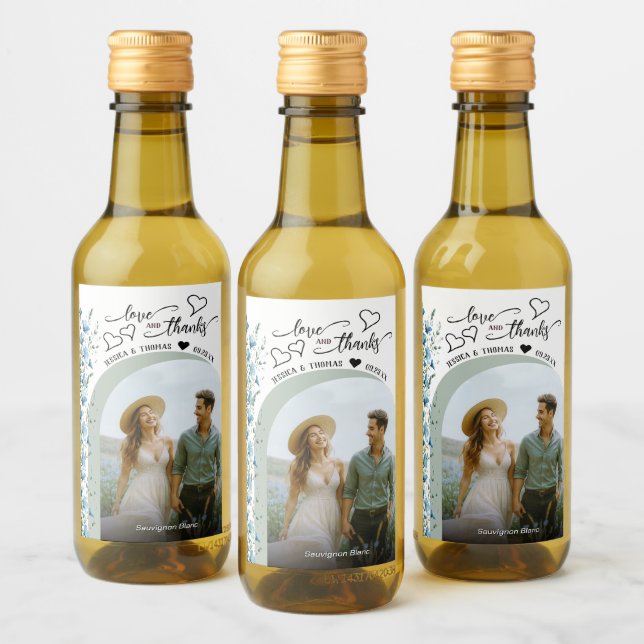Love & Thanks Blue Wildflowers Wedding Photo Mini Wine Label (Bottles)